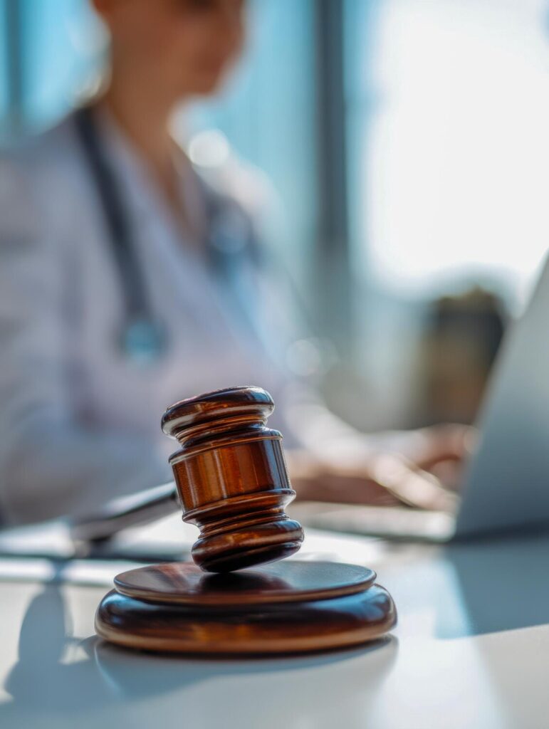 Wooden judge39s gavel focus table symbolizing legal authority with blurred medical professional working laptop background bright office setting 937679 107290
